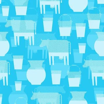 Milk pattern seamless. Cow and bucket. Jug and glass. Milk background vector  Stock Illustration