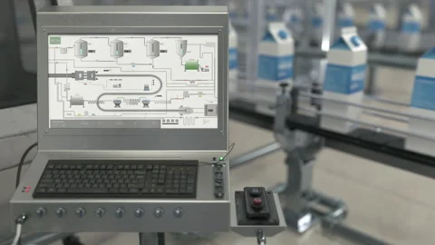 Milk Plant Control Panel Displays Conveyor Moving Milk On Production Line Stock Footage 276320079