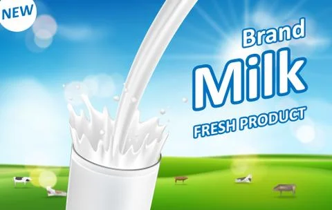Milk pouring down with splash isolated on bokeh background with green grass Stock Illustration