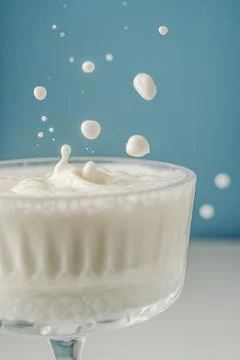 Milk pours into a beautiful crystal glass on a blue background and splashes Stock Photos