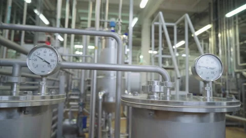 Milk Processing Steel Containers At A Dairy Manufacturing Production Plant Stock Footage 204985350