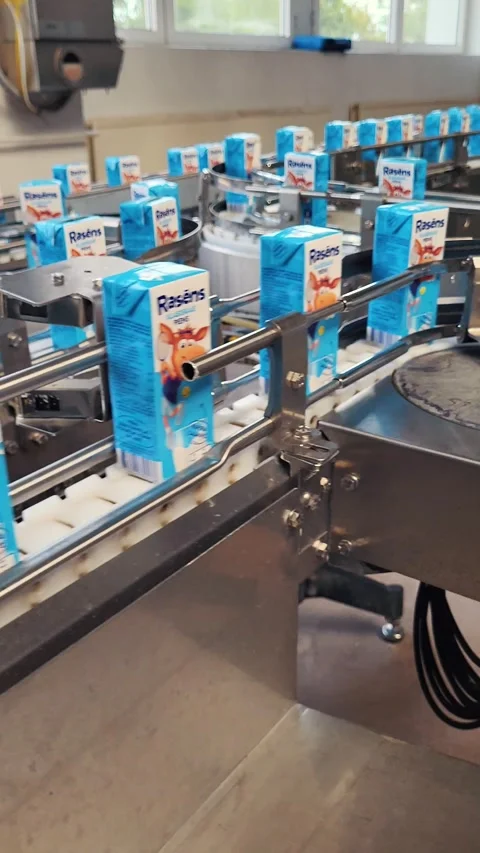 Milk Production Process At Riga Dairy Factory Showing Conveyor System, Bottling Stock-Footage 335123534