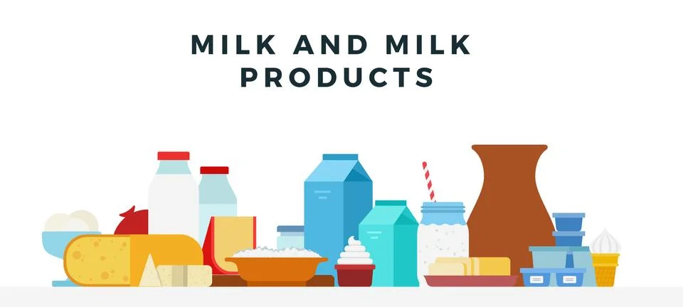 Milk products. Vector flat illustrations. Fresh organic milk products set with Stock Illustration