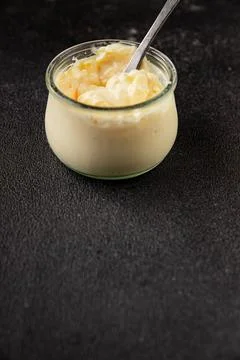 Milk pudding or milk mousse crme bouillie sweet natural dessert tasty snack.. Stock Photos
