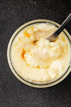 Milk pudding or milk mousse crme bouillie sweet natural dessert tasty snack.. Stock Photos