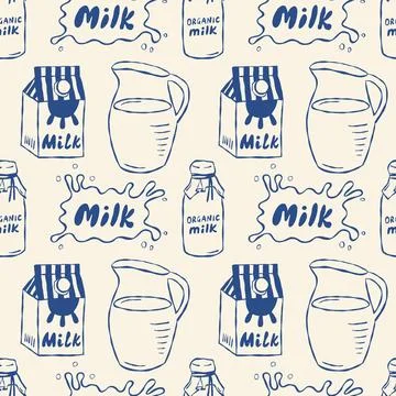 Milk seamless pattern with cartons, pitchers, and splashes 스톡 일러스트