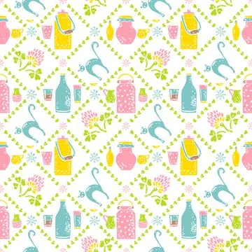 Milk seamless pattern. Jar and cat Stock Illustration