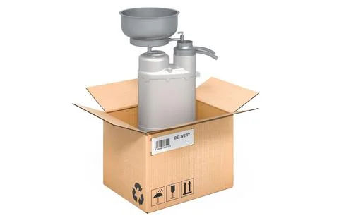 Milk separator inside cardboard box, delivery concept. 3D rendering Illustration
