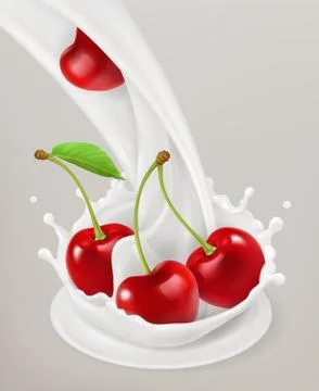 Milk splash and cherry. 3d vector object. Natural dairy products Stock Illustration