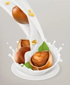 Milk splash and hazelnuts. 3d vector object. Natural dairy products Stock Illustration