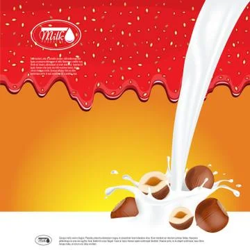 Milk splash and hazelnuts 3d vector object. Vector Ready ad layout template for Stock Illustration