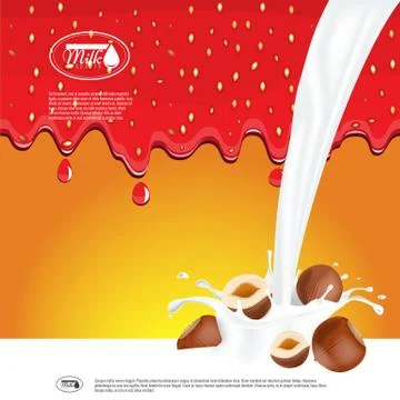 Milk splash and hazelnuts 3d vector object. Vector Ready ad layout template for Stock Illustration