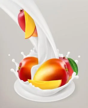 Milk splash and mango. 3d vector object. Natural dairy products Illustrazione stock