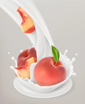 Milk splash and peach. 3d vector object. Natural dairy products Stock Illustration