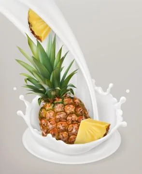 Milk splash and pineapple. 3d vector object. Natural dairy products Stock Illustration
