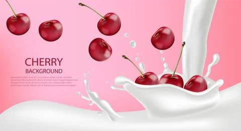 Milk splash with cherry Vector realistic. Detailed 3d illustrations backgroun Stock Illustration
