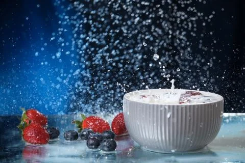 Milk splash close up of falling berries in a grey plate of milk. Stock Photos