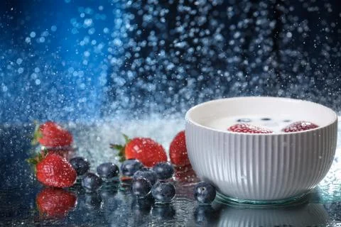 Milk splash close up of falling berries in a grey plate of milk. Stock Photos