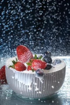 Milk splash close up of falling berries in a grey plate of milk. Stock Photos