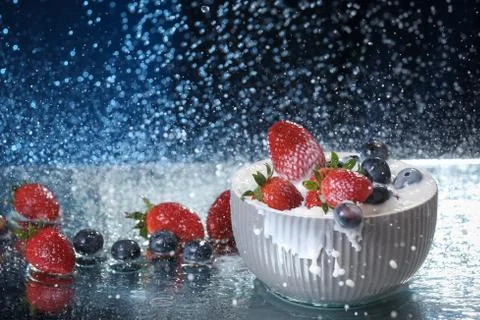 Milk splash close up of falling berries in a grey plate of milk. Stock Photos