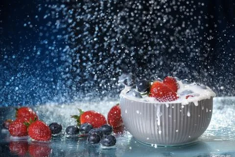 Milk splash close up of falling berries in a grey plate of milk. Stock Photos