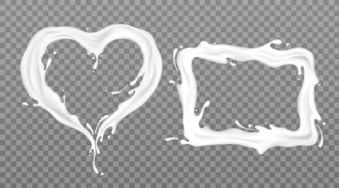 Milk splash frames rectangle and heart shape set Stock Illustration