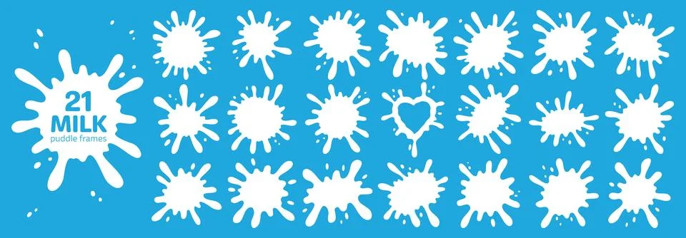 Milk splash frames set. Organic puddle shapes with droplets. Liquid wavy bl.. Stock Illustration