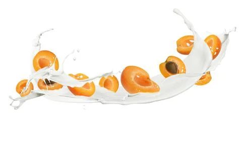 Milk splash with fresh apricots on white background Stock Photos