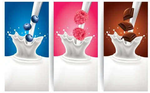 Milk splash with fresh blueberry, raspberry, chocolate Stock Illustration