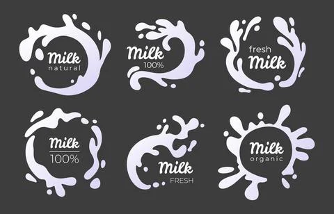 Milk splash labels with dynamic white droplets Illustrazione stock