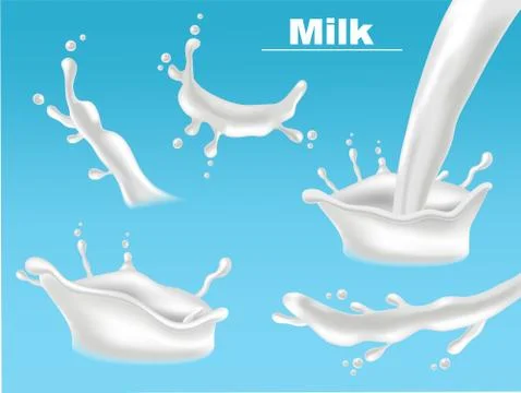 Milk splash set collection Vector realistic. Fresh pouring liquid organic eco Stock Illustration