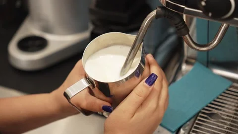 Milk is steamed with a steam wand to create smooth microfoam for espresso drinks Stock Footage 341403102