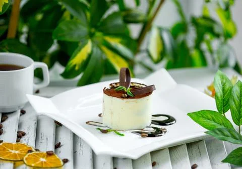 Milk tiramisu with chocolade on the table Stock Photos