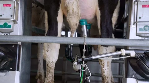 Milking robots, cows on the milking machine, automatic milkers for the herds of Video stock 232612835