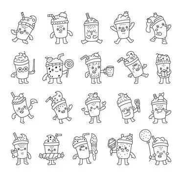 Milkshake character set in outline line art Stock Illustration