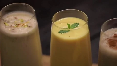 Milkshake Combo Mango Banana Chocolate Pistachio Almond Drinks Stock Footage 333193127