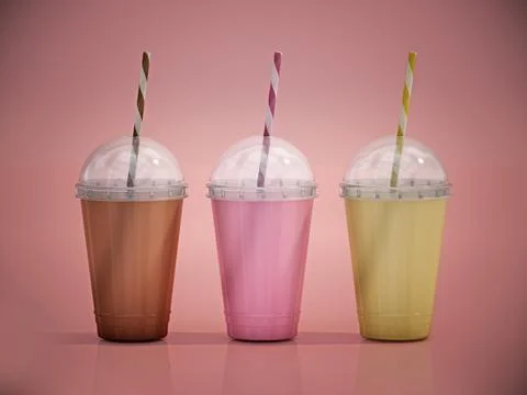 Milkshake disposable cups on pink background. 3D illustration Stock Illustration