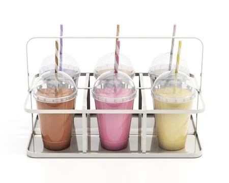 Milkshake disposable cups on tray. 3D illustration Stock Illustration