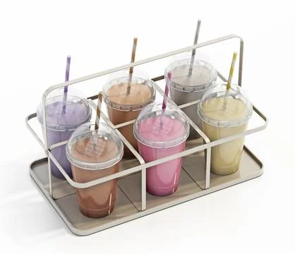 Milkshake disposable cups on tray. 3D illustration Stock Illustration