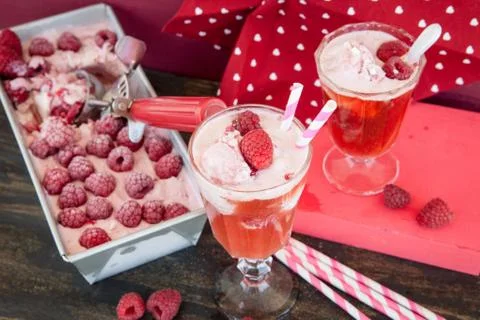Milkshake float with raspberry ice cream Stock Photos