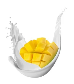 Milkshake with fresh sliced mango on white background Stock Photos