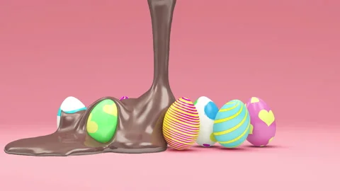 Milky Chocolate is Pouring on Painted Easter Eggs on pink studio background Stock Footage 148469924
