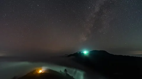 Milky Way and Sea of Clouds Time-lapse Over Mountains at Night Stock Footage 326686331