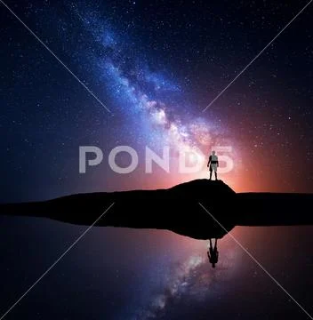 Milky Way and silhouette of a standing alone man Stock Photos