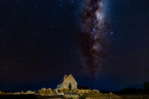 Milky way at Church of the Good Shepherd Lake Tekapo New Zealand Stock Photos
