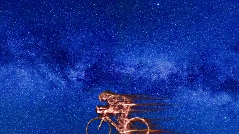 Milky way with comets - stars in time lapse at night sky - abstract cyclist Stock Footage 150633868