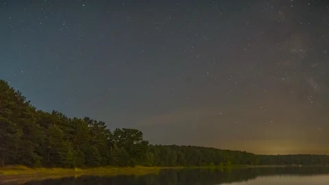 Milky Way Core Time-Lapse Over Forest Shoreline by Water Reservoir Stock Footage 327458680