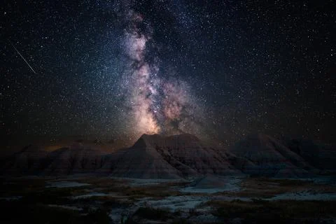 Milky Way Galaxy and stars over Badlands National Park Astrophotography Stock Photos