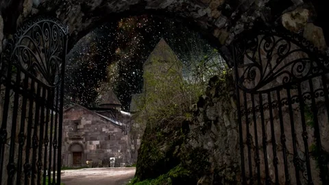 Milky Way Galaxy. Monastery complex and starry night Stock Footage 347864841
