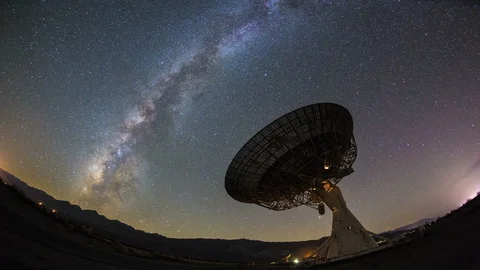 Milky Way Galaxy Night Timelapse Passes Giant Satellite Dish Stock Footage 104470642